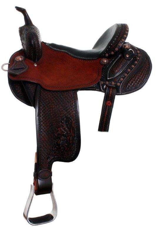 Lynn McKenzie Barrel Racer Saddle In Black Vintage Leather With Combo Star Tooling And Floral Tooling, Black Elk Seat And Antique Copper Hardware.