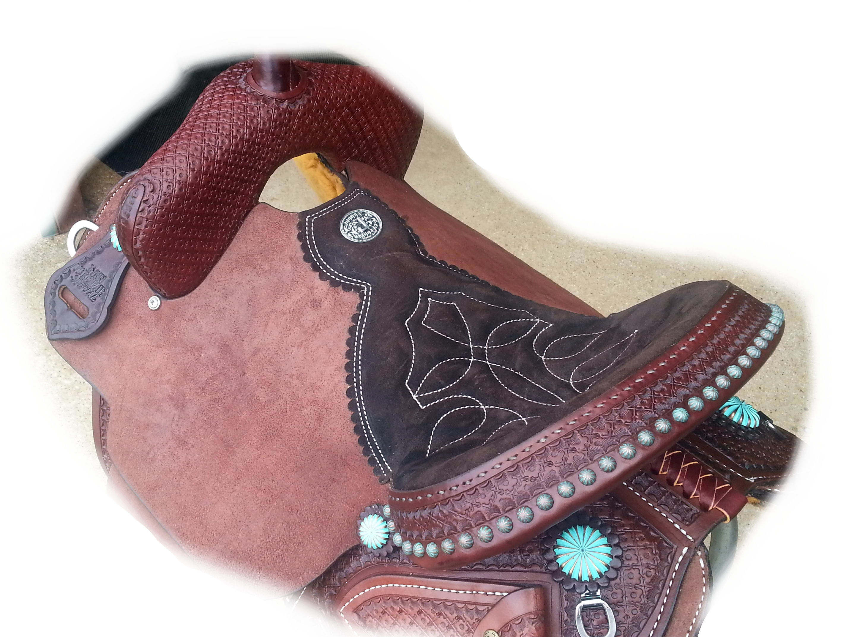 LM Special. Brown leather, Patina dots, Turq. parachute conchos. Seat view