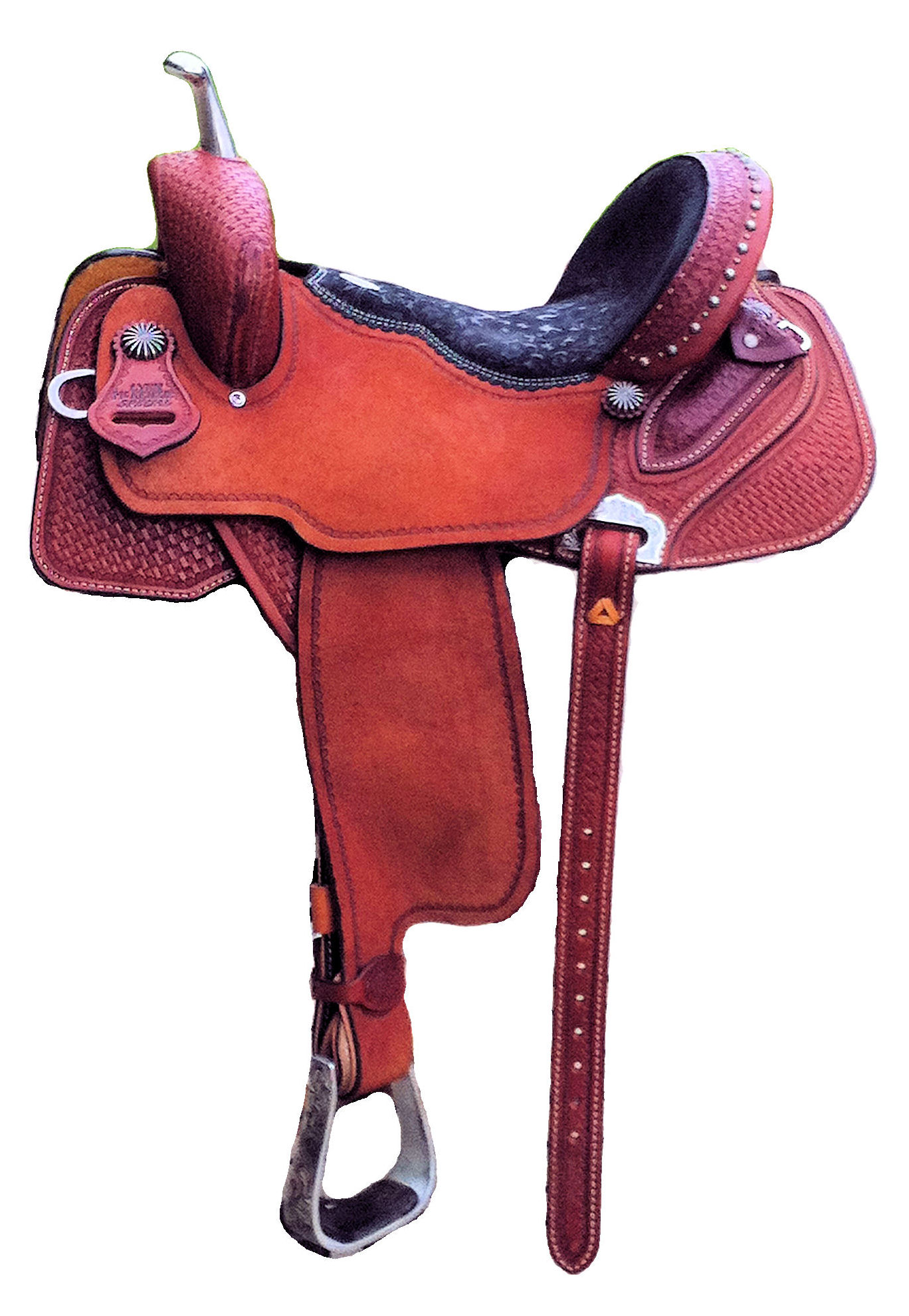 SLM black floral suede seat,chestnut leather.alt. dots on cantle, silver billet slots, ant. parachute conchos, engraved Aluminum stirrups