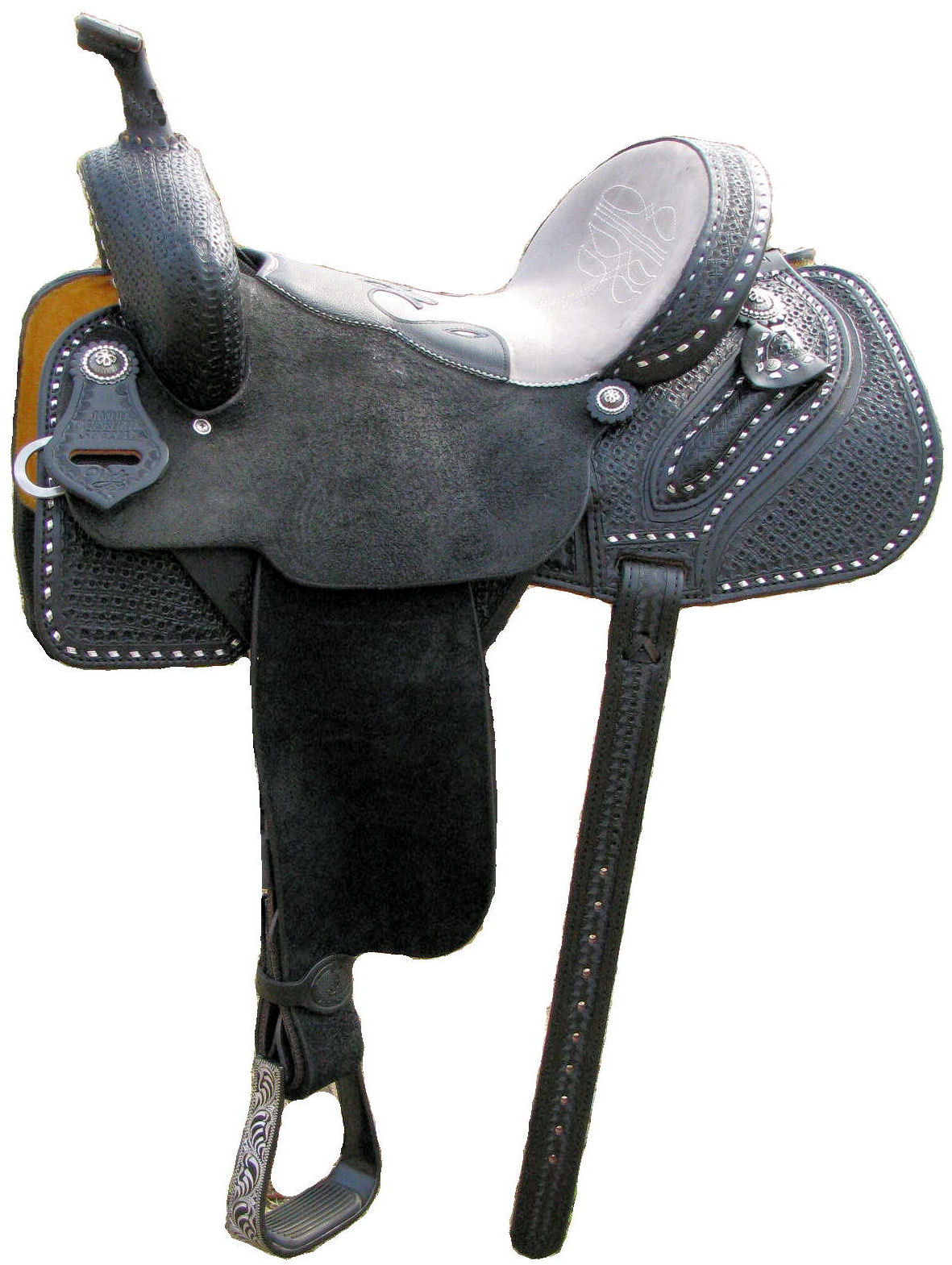 LM Special black seat, star tooling, 45 corners, chocolate seat, copper dome flower conchos